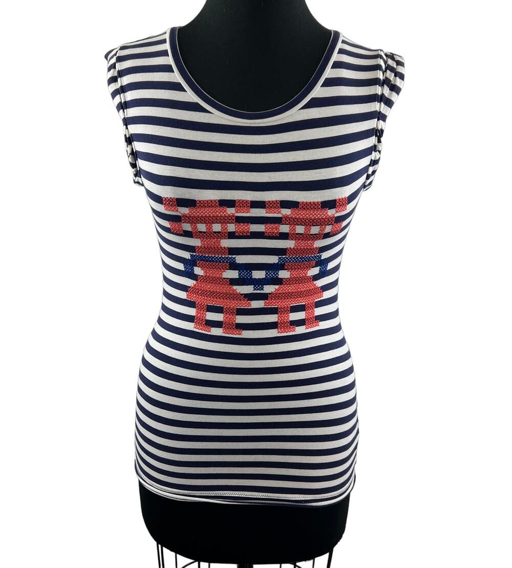 RACHEL by Rachel Roy Navy White Striped GIRLS Cross-Stitched Cotton Top Size XS